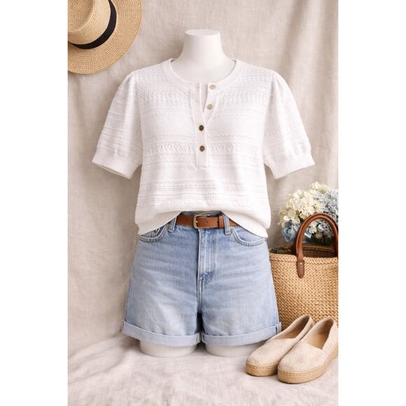 Draper James Tops - Draper James White Textured Knit Sweater XL Button Front Preppy Feminine Spring